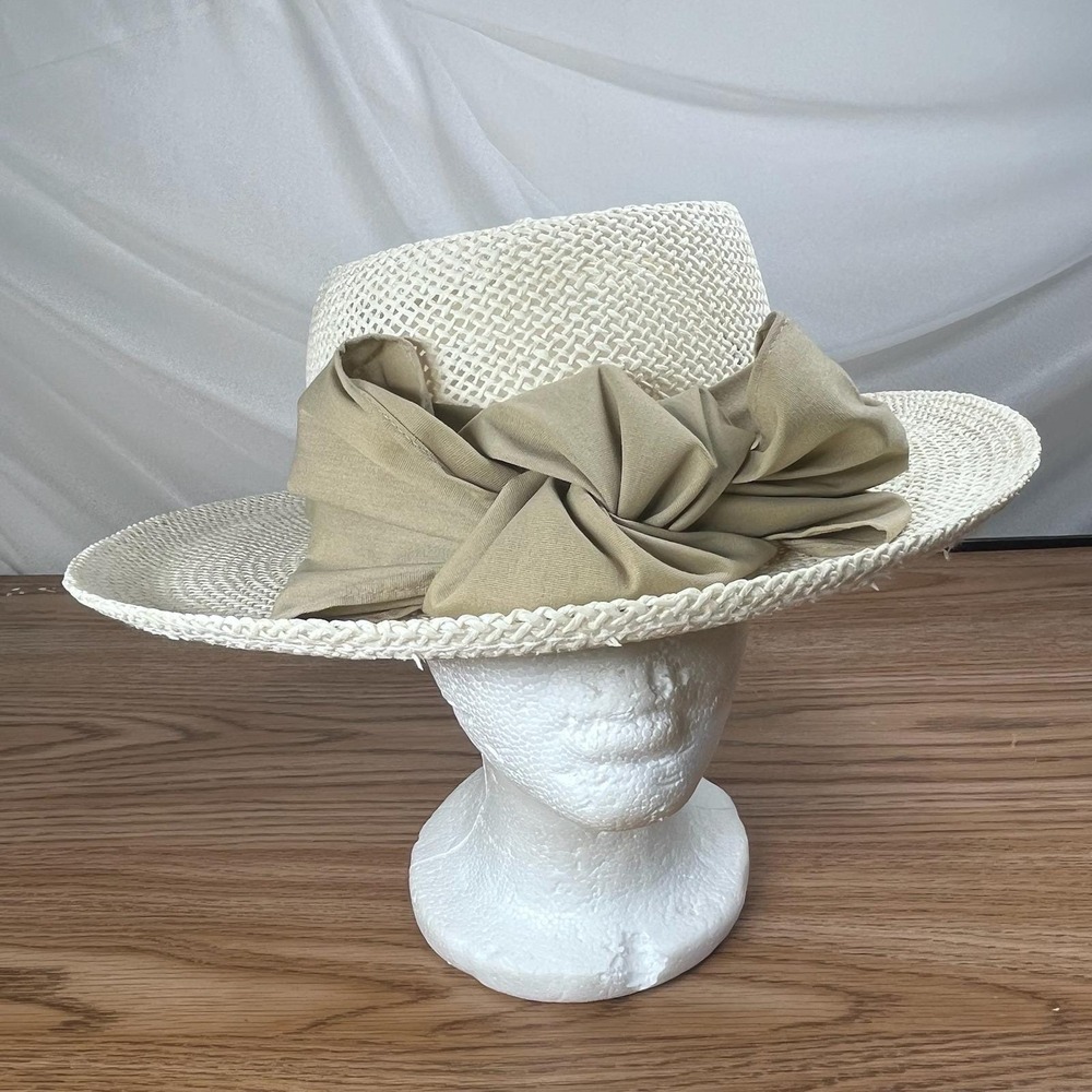 Firethorn TPC Michigan Women Straw Hat Wide Brim White Tan OS Resort Bow Vintage